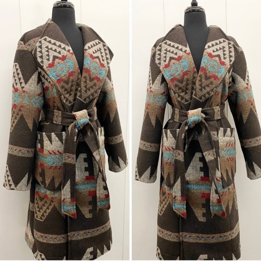 Brown and Blue Trench Coat with Belted Design - indigenous - native